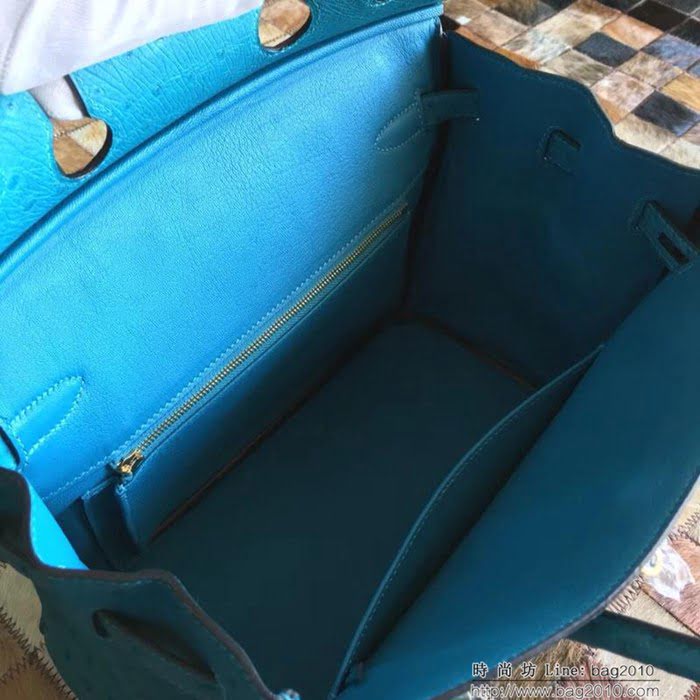 HERMES愛馬仕 鉑金包 Birkin 南非原產KK級鴕鳥皮 頂級工藝 依滋密爾藍 手縫蠟線 手提包  Ama1230